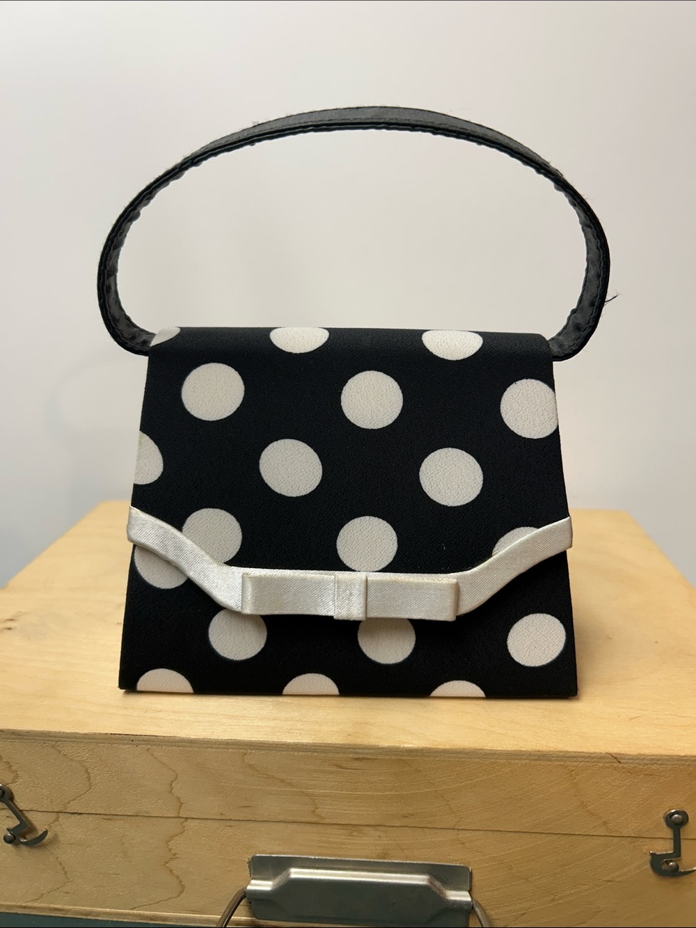 Purse Black White Polka Dot Clutch Top Handle Evening Bag Bow prom HOCO